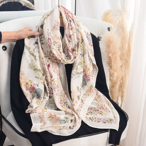 Elegant floral print lightweight scarf in beige silk-like fabric for women's fashion