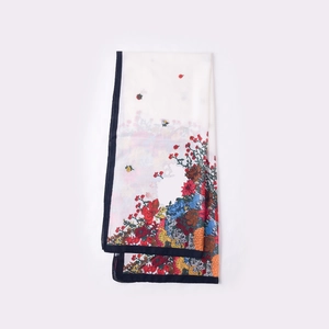 Elegant white chiffon floral scarf with black borders and colorful botanical print