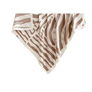 Classic British style silk scarf with brown zebra stripe print on beige satin