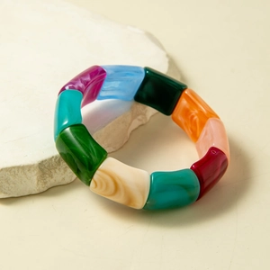 Colorful acrylic stretch bracelet with multi-color rectangular marble-textured beads