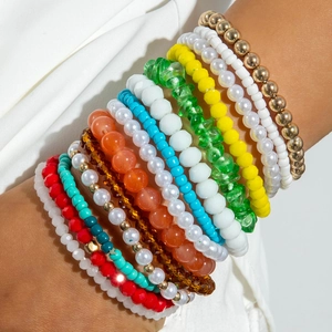 Multilayer Beaded Bracelet Glass Faceted Beads Faux Artificial Pearl Alloy Accents Bohemian Stackable Elastic Fashion Jewelry Women
