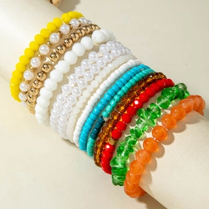 Colorful bohemian multi-layered beaded bracelet set with crystal and resin beads