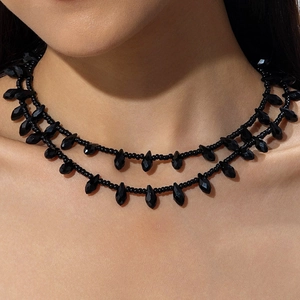 Double Layer Glass Beaded Necklace Faceted Water Drop Tassel Gothic Vintage Choker Jewelry For Women