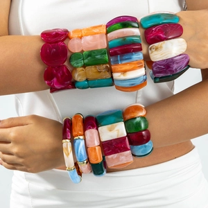 Acrylic Resin Spliced Bracelet Marble Texture Chunky Elastic Retro Bohemian Colorful Geometry Jewelry For Women