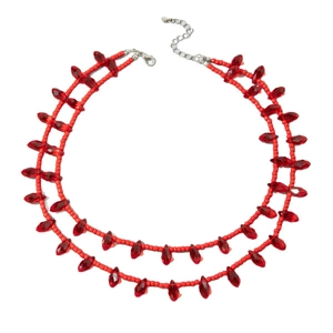 Elegant double-layered red beaded choker with teardrop tassels and silver lobster clasp