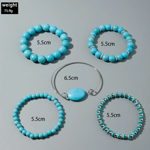 Detailed view of 5-piece set turquoise beaded bracelets showing weight and size specs