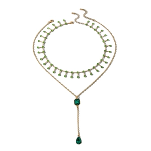 Set collane a strati dorate con ciondolo verde smeraldo e nappine a forma di Y