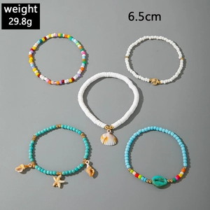 Ensemble de 5 bracelets de cheville bohème avec perles colorées et breloques coquillages