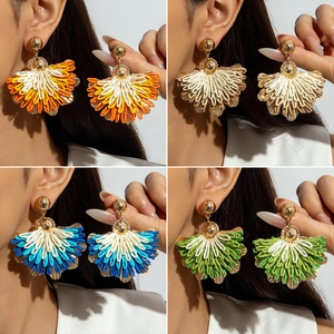 Bohemian Ethnic Style Raffia Fan Shaped Drop Earrings For Women Handmade Woven Beach Vacation Alloy Ear Jewelry