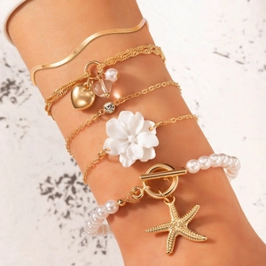Camellia Flower Faux Artificial Pearl Bracelet Layered Stackable Alloy Bangle Heart Starfish Charm Fashion Jewelry For Women Elegant