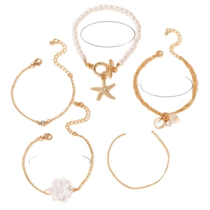 5-piece layered gold charm bracelet set with pearls and 3D resin camellia flower