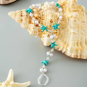 Chevillère À Anneau D'orteil Femmes Boho Plage Bijoux De Pied Turquoise Étoile De Mer Imitation Künstliche Perle Künstliche Perles De Cristal Vacances