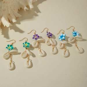Bohemian tropical plumeria flower and seashell drop earrings in three vibrant colors