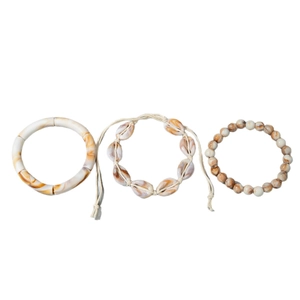 Bohemian style jewelry set with acrylic tube beads, cowrie shells, and marble beads