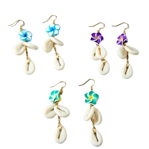 Bohemian tropical plumeria flower and cowrie shell drop earrings in three vibrant colors