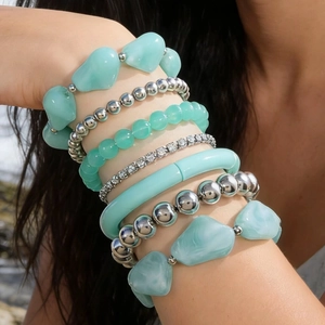 Bracelets À Perles Bohème Superposés Acrylique Résine Alliage Strass Vert Menthe Turquoise Bijoux Été Femme