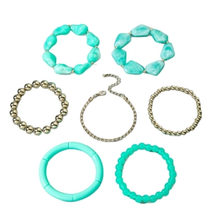 Ensemble de 7 bracelets bohèmes avec perles turquoise et joncs métalliques dorés