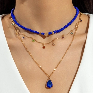 Layered Necklace Alloy Glass Beaded Blue Water Drop Synthetic Gemstone Heart Pendant Retro Chic Jewelry For Women