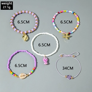 5-piece Bohemian shell and starfish beaded bracelet set with purple clay and sea charms