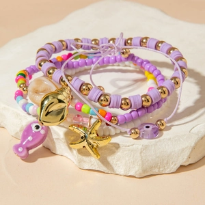 Bohemian multi-layer purple beaded anklet set with starfish shell and evil eye charms