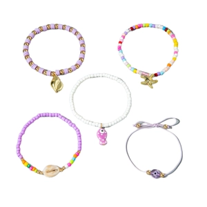 5-piece bohemian beaded anklet set with colorful sea shell and starfish charms