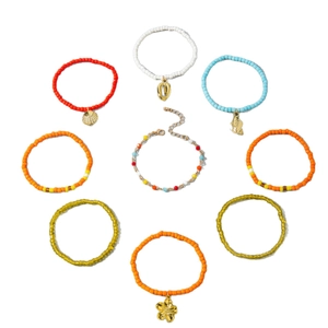 9pcs Bohemian colorful beaded bracelet set with seashell and floral gold pendants