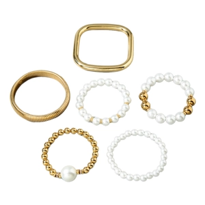6-piece jewelry set with gold metal rings, pearl bracelets, and stretch tube bangles