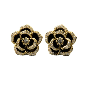 Elegant black camellia flower earrings with gold plating and sparkling rhinestones