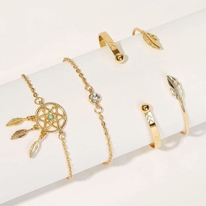 Set gioielli boho dorati con ciondolo acchiappasogni turchese e bracciale a piuma