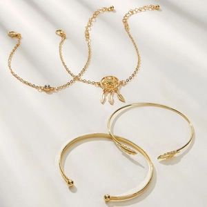 Set di bracciali boho dorati con ciondolo acchiappasogni, perla turchese e piume