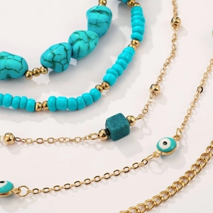 Bohemian multi-layer turquoise bead anklet with gold chain and evil eye charm