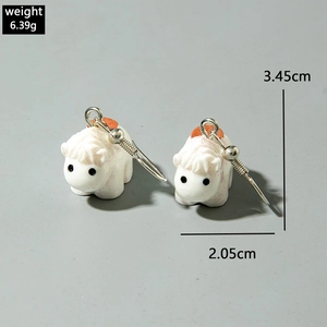 Detail view of 3D cartoon sheep drop earrings with dimensions 3.45cm and weight 6.39g