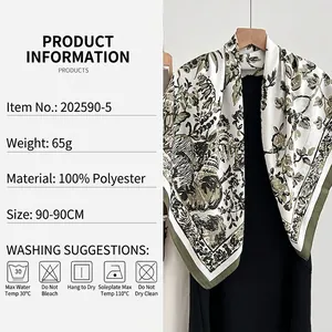 Elegant 90x90cm vintage floral print square scarf made of 100% polyester in green and white