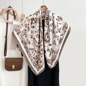 Elegant vintage floral square silk scarf with earth tone botanical prints and silk texture