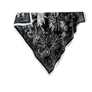 Elegant French vintage black and white floral print square silk scarf with nature motifs