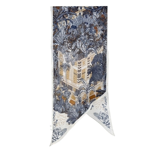 Foulard étroit en soie avec imprimé forêt secrète et illustration architecture tropicale