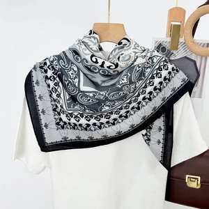 Elegant 90cm black and white paisley floral silk square scarf for women's neck decor