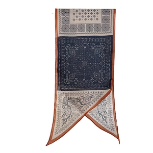 Ethnic vintage floral printed long scarf with bohemian geometric patterns in navy blue