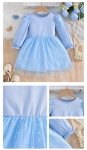 Detail of light blue girls long sleeve dress with silver star mesh and puff sleeves