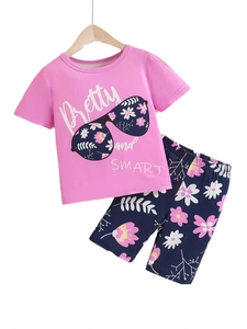 Girls summer pink t-shirt with sunglasses print and navy floral shorts two-piece outfit