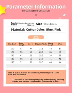 Size chart for girls long sleeve floral tulle dress with cotton fabric specifications