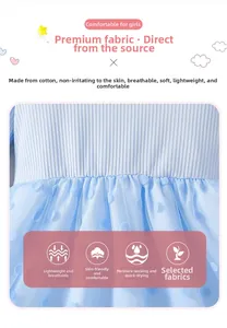 Close-up of girls blue polka dot tulle dress showing breathable cotton striped knit fabric