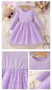 Detail of light purple girls' tulle dress featuring polka dots and ruffled shoulders