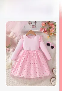Detail of pink long-sleeved girls dress with knit top and polka dot mesh tulle skirt