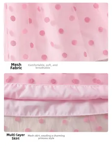 Close-up of pink flocked polka dot mesh fabric and layered princess dress hem detail
