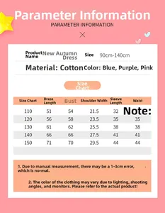Size chart and measurements for girl's cotton polka dot dress in pink, blue, and purple