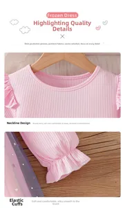 Detail of ruffle elastic cuffs and round neckline on a pink gradient rainbow dress