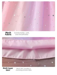 Detailed view of layered mesh fabric with gradient pink-purple tulle and silver stars