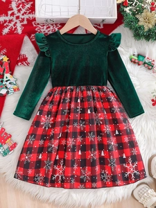 Vestito da bambina di Natale in velluto patchwork a quadri con fiocchi di neve e albero Manica lunga per festa principessa
