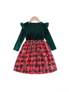 Abito natalizio per bambini con top in velluto verde e gonna scozzese rossa e nera